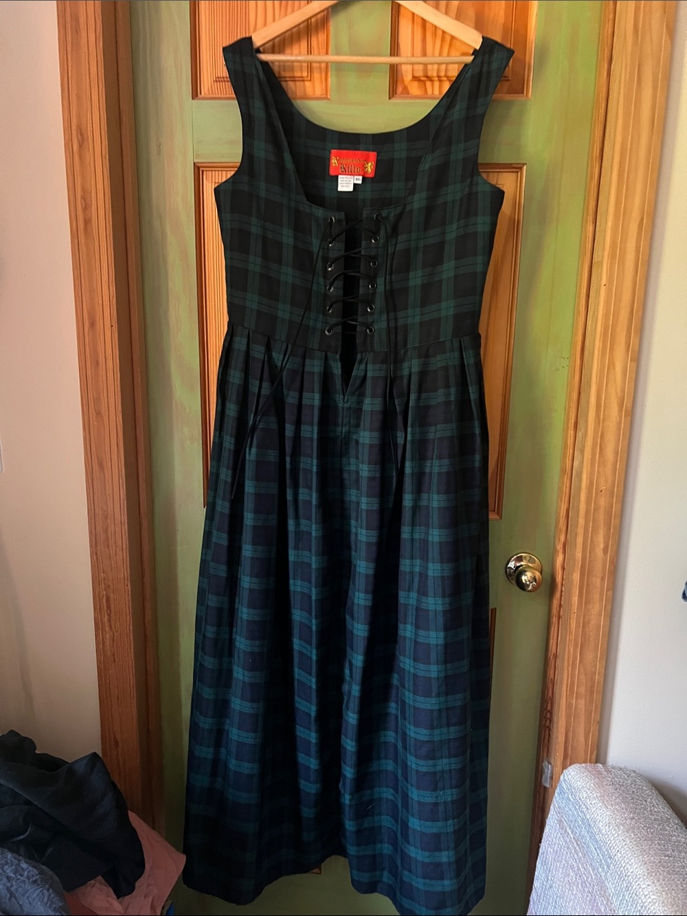 Sleeveless Maxi Dress with Lace-Up Front in Blackwatch Plaid